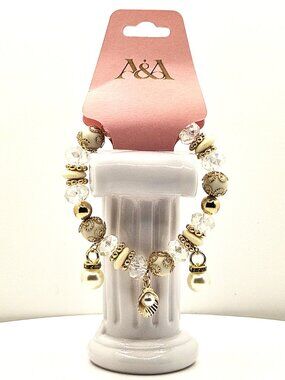 Gold-Tone Charm Bracelet With Faux Pearl Accents Stretch Fit